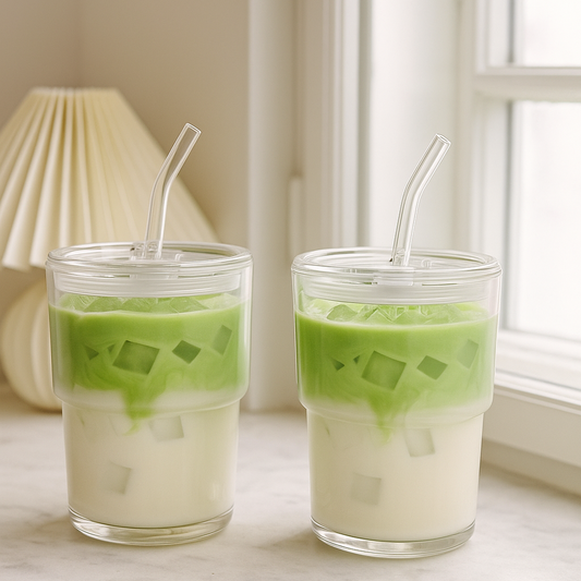 Dubbelwandige Glazen Bekers met Rietje – Voor Matcha & Ijskoffie (Set van 2)